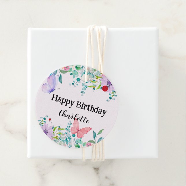 Modern Ladybug Butterfly, färgad blomma Birthday Gåvor Etiketter (På plats)