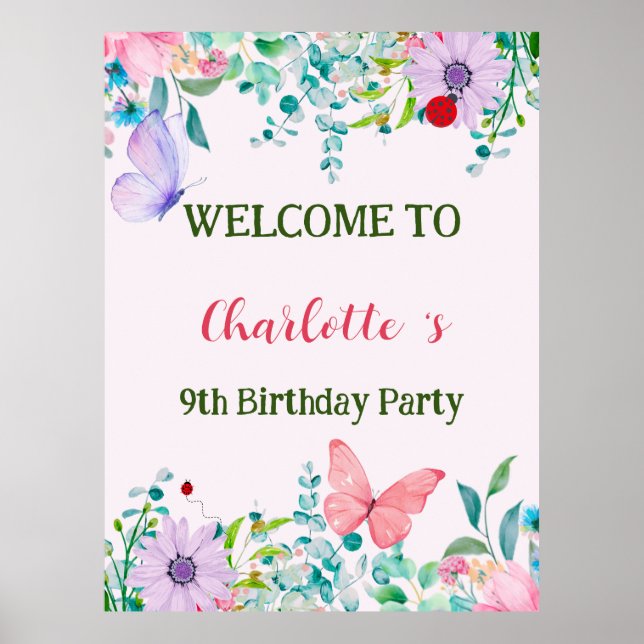 Modern Ladybug Butterfly, färgad blomma Birthday Poster (Framsidan)