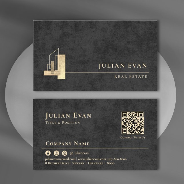 Modern lägenhet Blank Glansig Guld Logotyp Svart F Visitkort (Modern Apartment Shiny Gold Logo Black Realtor Business Card)