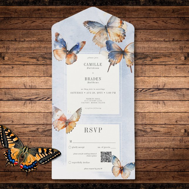 Modern lägsta blått och rost-knapp QR-kod (Modern Minimal Blue & Rust Butterflies QR Code All In One Invitation)