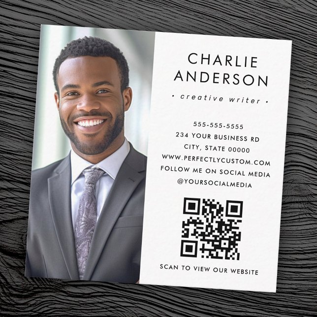 Modern lägsta elegant, vit fotokod QR Fyrkantigt Visitkort (Modern minimal elegant white photo QR code Square Business Card)