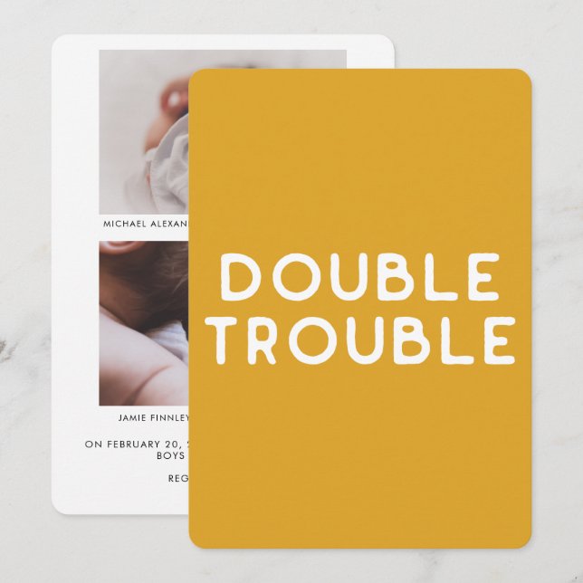Modern lägsta Golden Gult Baby Photo Twin Birth Meddelande (Fram/baksida)