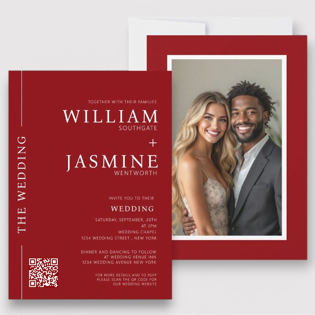 Modern lägsta QR-kod och allt-i-ett-fotokort Inbjudningar (modern red and white simple typography photo wedding all in one wedding invite with website qr code)
