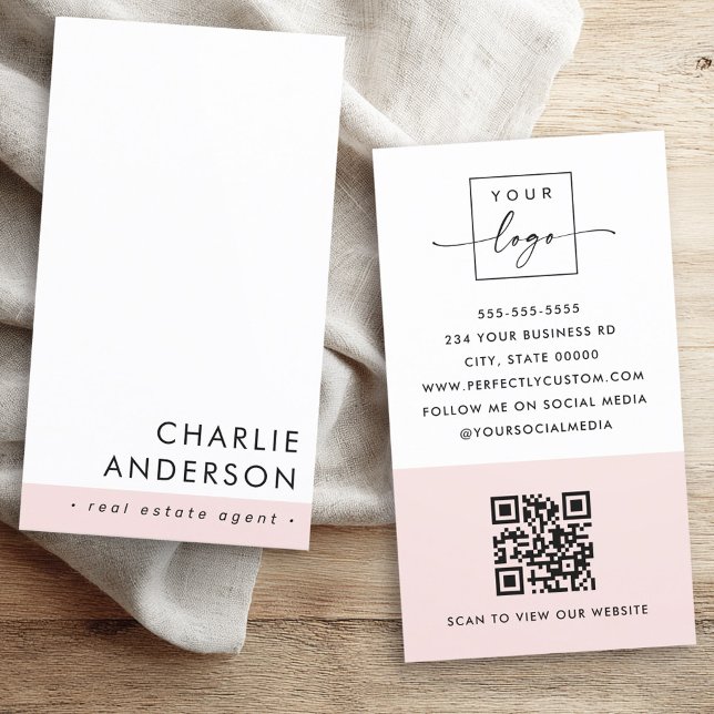Modern lägsta QR-kod,  rosa, vitt lodrät Visitkort (Modern minimal QR code blush pink white vertical Business Card)