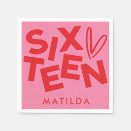 Modern lägsta röda rosa-typografi 16-årsdag pappersservett