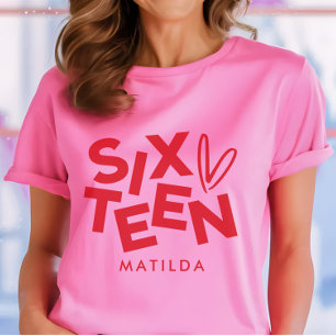 Modern lägsta röda rosa-typografi 16-årsdag t shirt