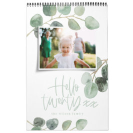 Modern lägsta vattenfärgsfotoskript för eukalyptus kalender