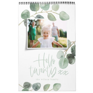 Modern lägsta vattenfärgsfotoskript för eukalyptus kalender
