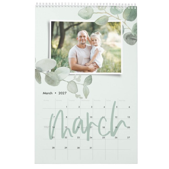 Modern lägsta vattenfärgsfotoskript för eukalyptus kalender (Mar 2027)