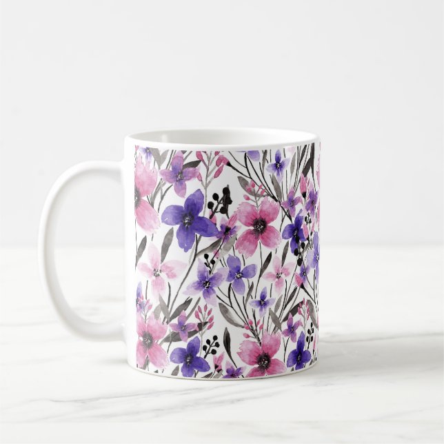 Modern Land Rosa Lila Blommigt Watercolor Kaffemugg (Vänster)
