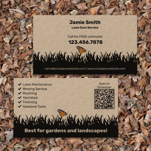 Modern landskapsplanering - Gräsmatta Visitkort (Modern Landscaping - Lawn Care Business Card - Lawn Silhouette - List QR code)