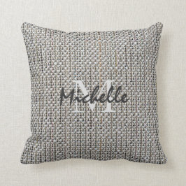 Modern lantlig grå monogram för linnetygstruktur kudde