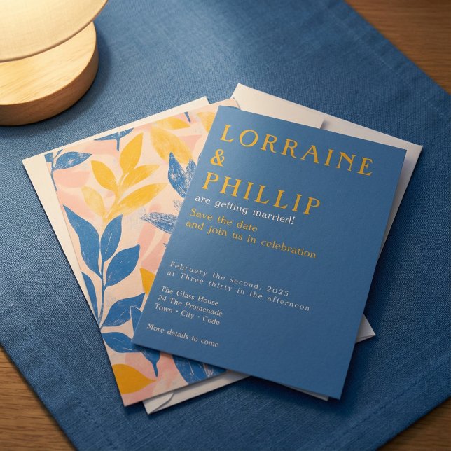 Modern lärofilm, fet blått, gultens rosa spara datumet (Modern Leafy Lithograph, bold blue, yellow pink Save The Date.)