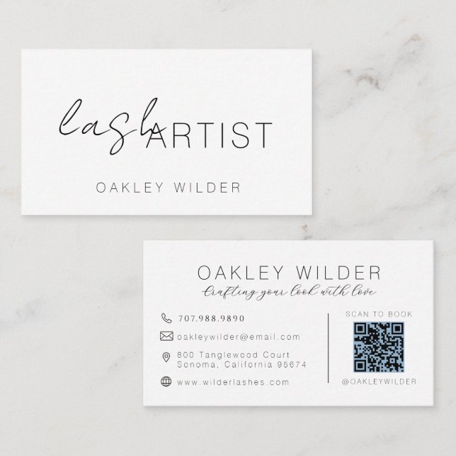 Modern Lash Artist Cocoa Script QR-kod Visitkort (Fram/baksida)