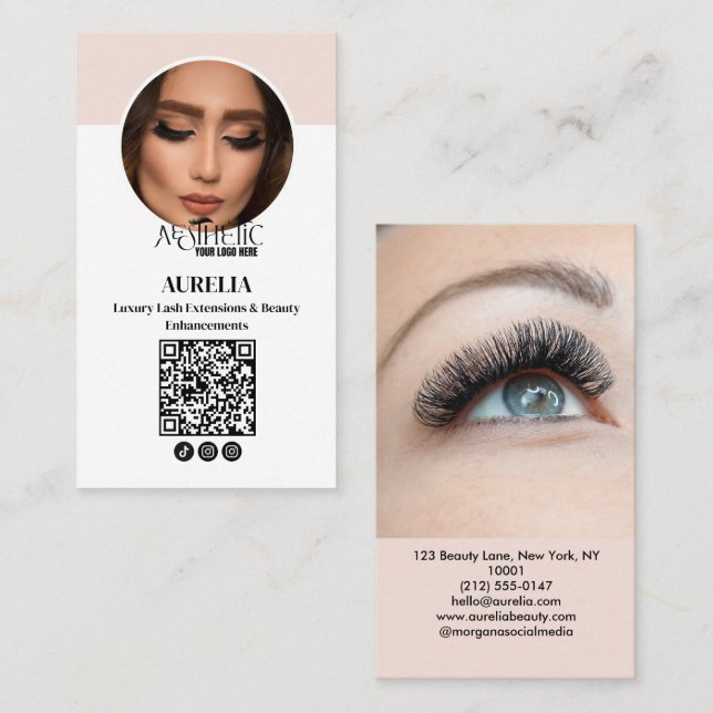 Modern Lashes Qr Code Foto Blush Rosa Logotyp Visitkort (Fram/baksida)