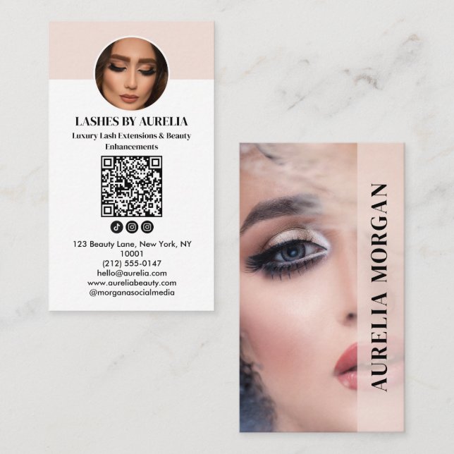 Modern Lashes Qr Code Foto Blush Rosa Visitkort (Fram/baksida)