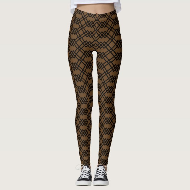 Modern Lattice Geometric Chocolate Brown & Black Leggings (Framsida)
