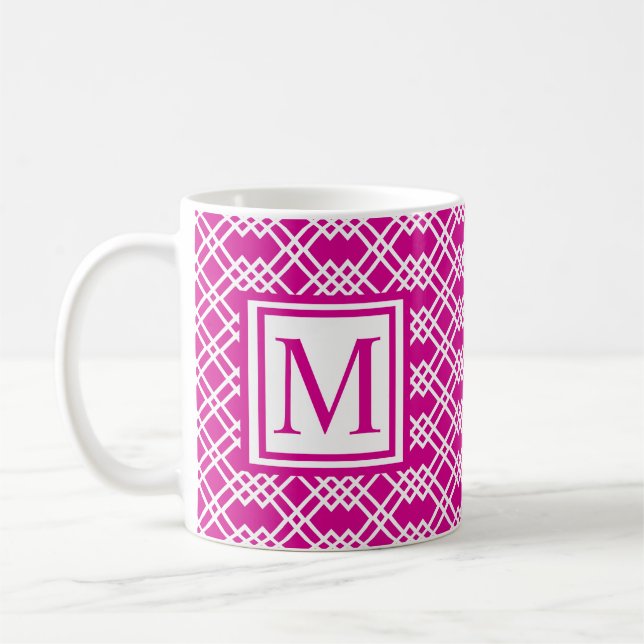 Modern Lattice Geometric Monogram Raspberry Rosa Kaffemugg (Vänster)
