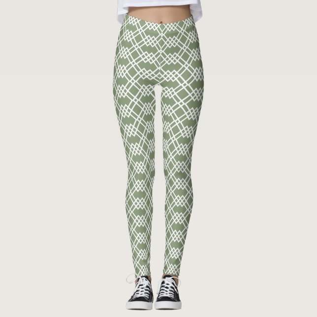 Modern Lattice Geometric Sage Grönt Jade & White Leggings (Framsida)