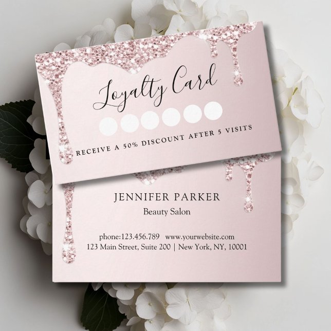 Modern lättroljande Glitter-droppsalon & Spa Loyal Visitkort (Modern Lightpink Glitter Drop Salon & Spa Loyalty Business Card)