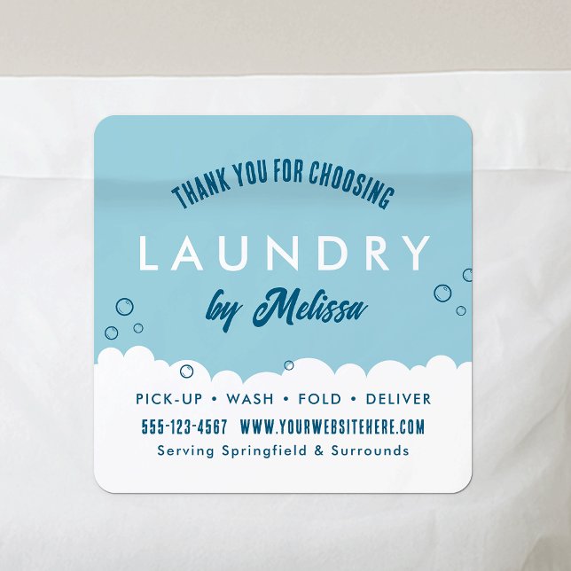 Modern Laundry Service Blue & White Thank You Fyrkantigt Klistermärke (Thank you for order laundry business stickers with your business name or logo)