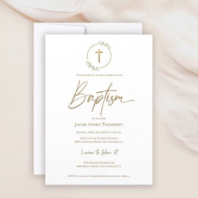 Modern Laurel-andedräkt Gilded Guld Kor Baptism Inbjudningar (Baptism gold cross laurel watercolor leaves invitation)
