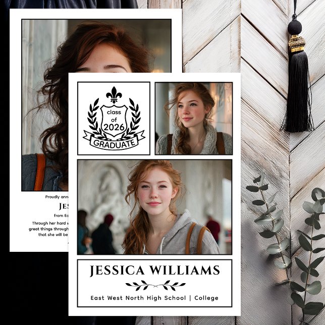 Modern Laurels 3 Foto Klass 2026 Examen  Meddelande (Modern Laurels | Fleur de Lis Crest Graduate 3 Photo Graduation Announcement -Print | Digital - BW)
