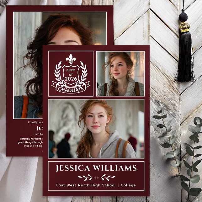 Modern Laurels 3 Photo Class of 2026 Graduation  Meddelande (Modern Laurels | Fleur de Lis Crest Graduate 3 Photo Graduation Announcement -Print | Digital - Wine)