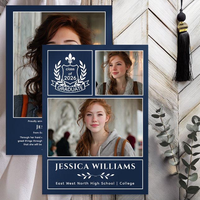 Modern Laurels 3 Photo Class of 2026 Graduation  Meddelande (Modern Laurels | Fleur de Lis Crest Graduate 3 Photo Graduation Announcement -Print | Digital - Blue)