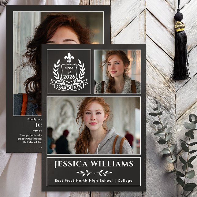 Modern Laurels 3 Photo Class of 2026 Graduation  Meddelande (Modern Laurels | Fleur de Lis Crest Graduate 3 Photo Graduation Announcement -Print | Digital - Gray)