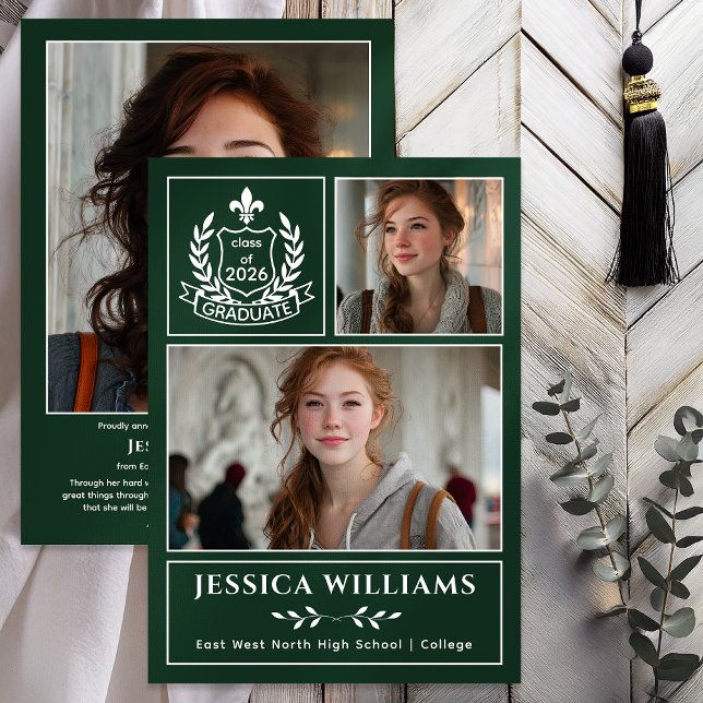 Modern Laurels 3 Photo Class of 2026 Graduation  Meddelande (Modern Laurels Fleur de Lis Crest Graduate 3 Photo Graduation Announcement -Print | Digital - Green)