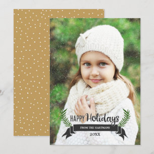 Modern Laurels och Ribbon-julfoto Guld Julkort