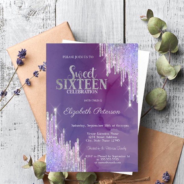 Modern Lavendel Glitterdropp Violett Sweet 16 Inbjudningar (Skapare uppladdad)