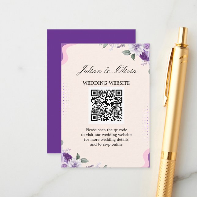Modern Lavendel och Lila Blommig QR-kod Bröllop  Tilläggskort (Fram/Back In Situ)
