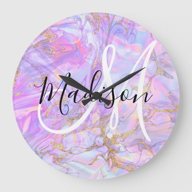 Modern Lavendel Rosa Marmor Guld Monogram Namn Stor Klocka (Framsida)