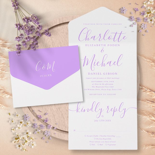 Modern Lavendel Syren Script Minimalistisk Bröllop (Modern Lavender Lilac Script Minimalist Wedding All In One Invitation)