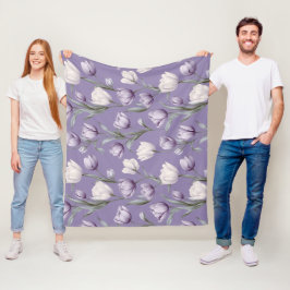 Modern Lavendel Tulpan Vit Blommönster Fleecefilt