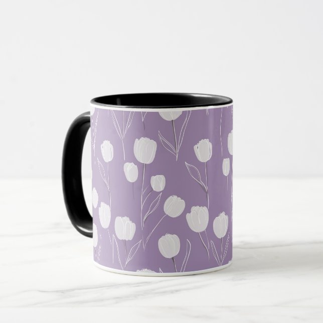 Modern Lavendel Tulpan Vit Blommönster Mugg (Framsida vänster)