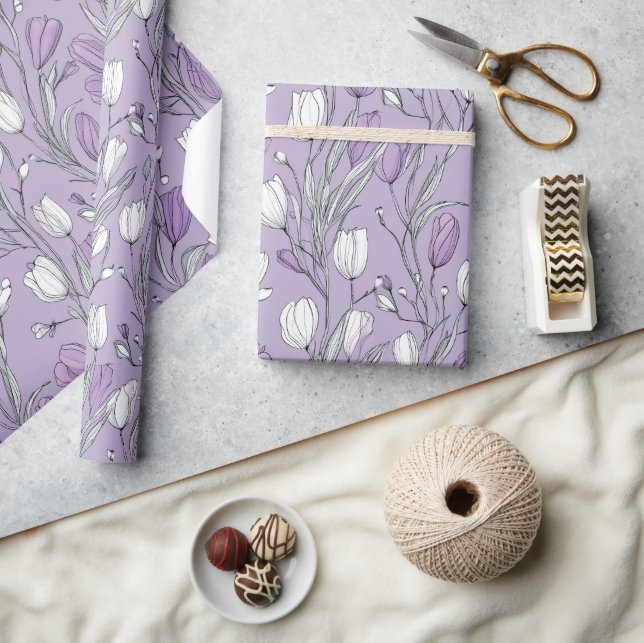 Modern Lavendel Tulpan Vit Blommönster Presentpapper (Hantverk)