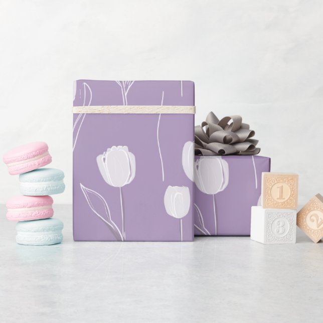 Modern Lavendel Tulpan Vit Blommönster Presentpapper (Baby Shower)