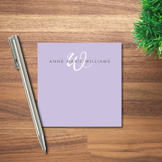 Modern Lavendel Vit Skript Monogram Post-it Block (Skapare uppladdad)