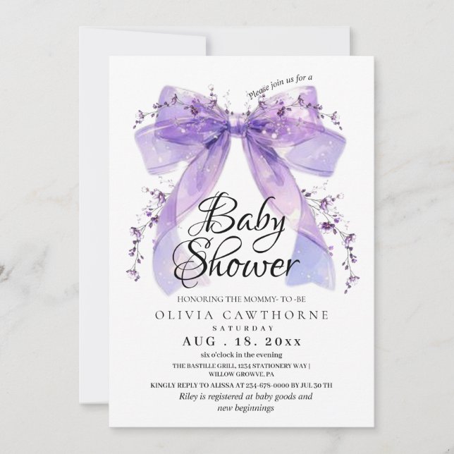 Modern Lavender Bow and Flowers Baby Shower Inbjudningar (Framsida)