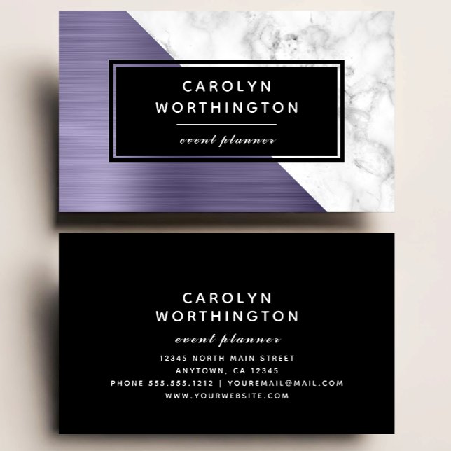 Modern Lavender Brushed Foil White Marble Black Visitkort (Skapare uppladdad)