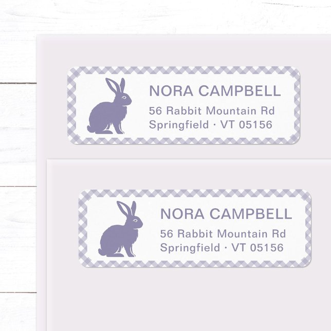 Modern Lavender Bunny Gingham Returadress Returadress Etikett (Modern, cute lavender bunny return address label with classic gingham checks background.)
