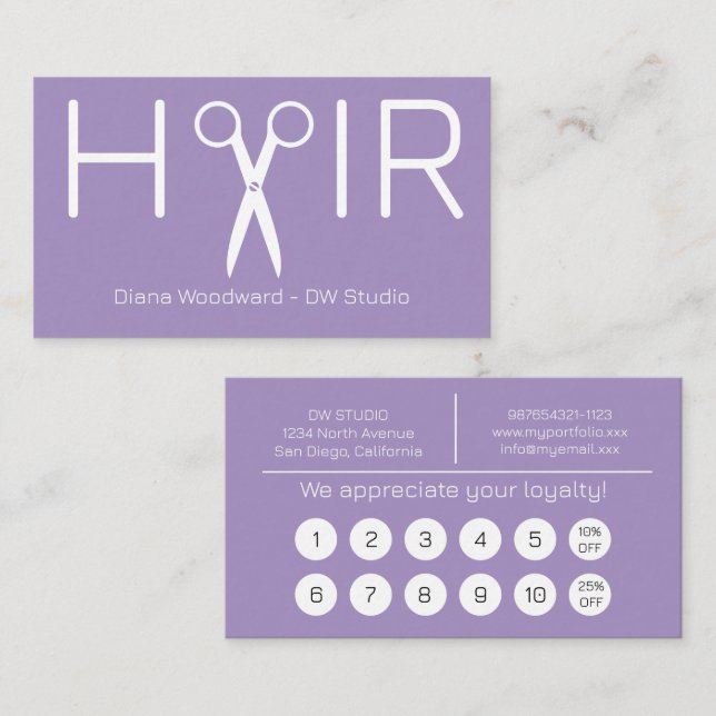 Modern Lavender Hairdresser Flat Loyalty Card Lojalitetskort (Fram/baksida)