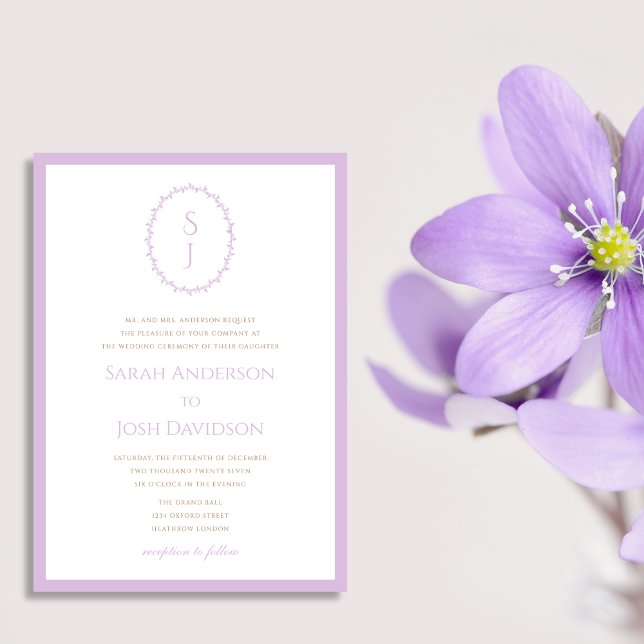 Modern Lavender Lila Classy Monogram Inbjudningar (Skapare uppladdad)