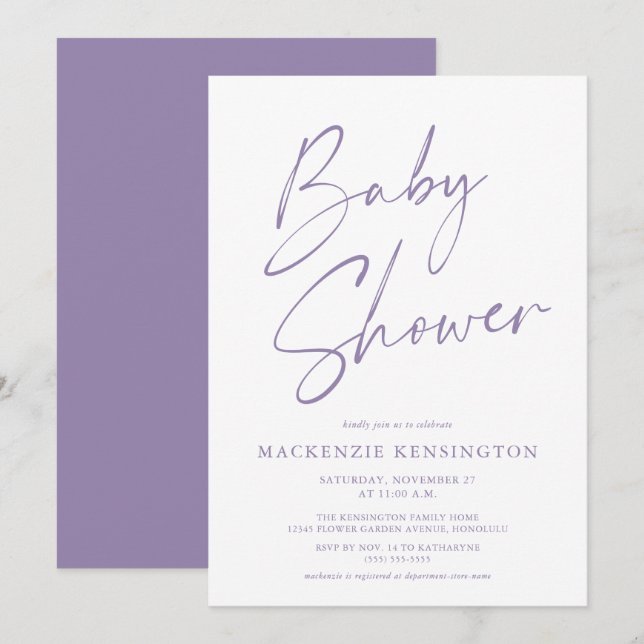 Modern Lavender Lila Simple Script Baby Shower Inbjudningar (Fram/baksida)