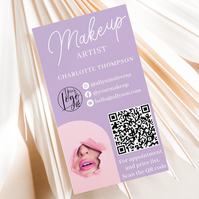 Modern lavender-logotyp, Qr-kod 2-foton Visitkort (Modern lavender makeup logo Qr code 2 photos Business Card)