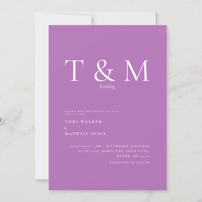Modern Lavender Monogram No Parents Bröllop Inbjudningar (Framsida)