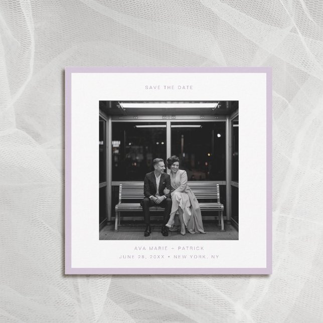 Modern Lavender Ram Typography Bröllop Spara Datum Inbjudningar (wedding photo save the date square lavender frame modern minimalist contemporary typography)